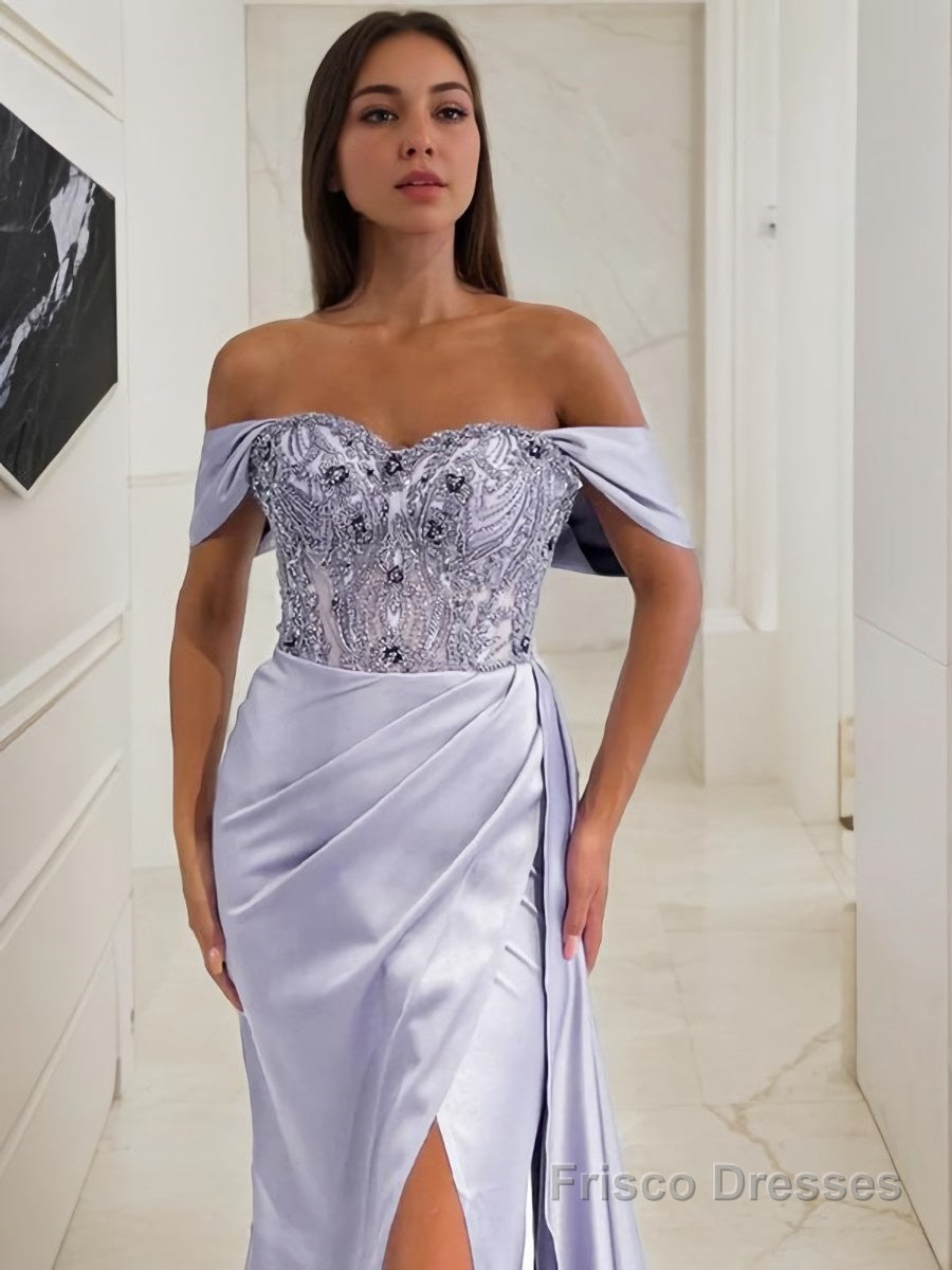 Sheath/Column Off-the-Shoulder Sweep Train Elastic Woven Satin Prom Dresses With Leg Slit Secondary image