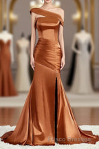 Sheath/Column Off-the-Shoulder Sweep Train Silk like Satin Bridesmaid Dress with Leg Slit