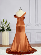 Sheath/Column Off-the-Shoulder Sweep Train Silk like Satin Bridesmaid Dress with Leg Slit