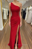 Sheath/Column One-Shoulder Sleeveless Jersey Long/Floor-Length Red Formal Prom Dress With Pleated Split