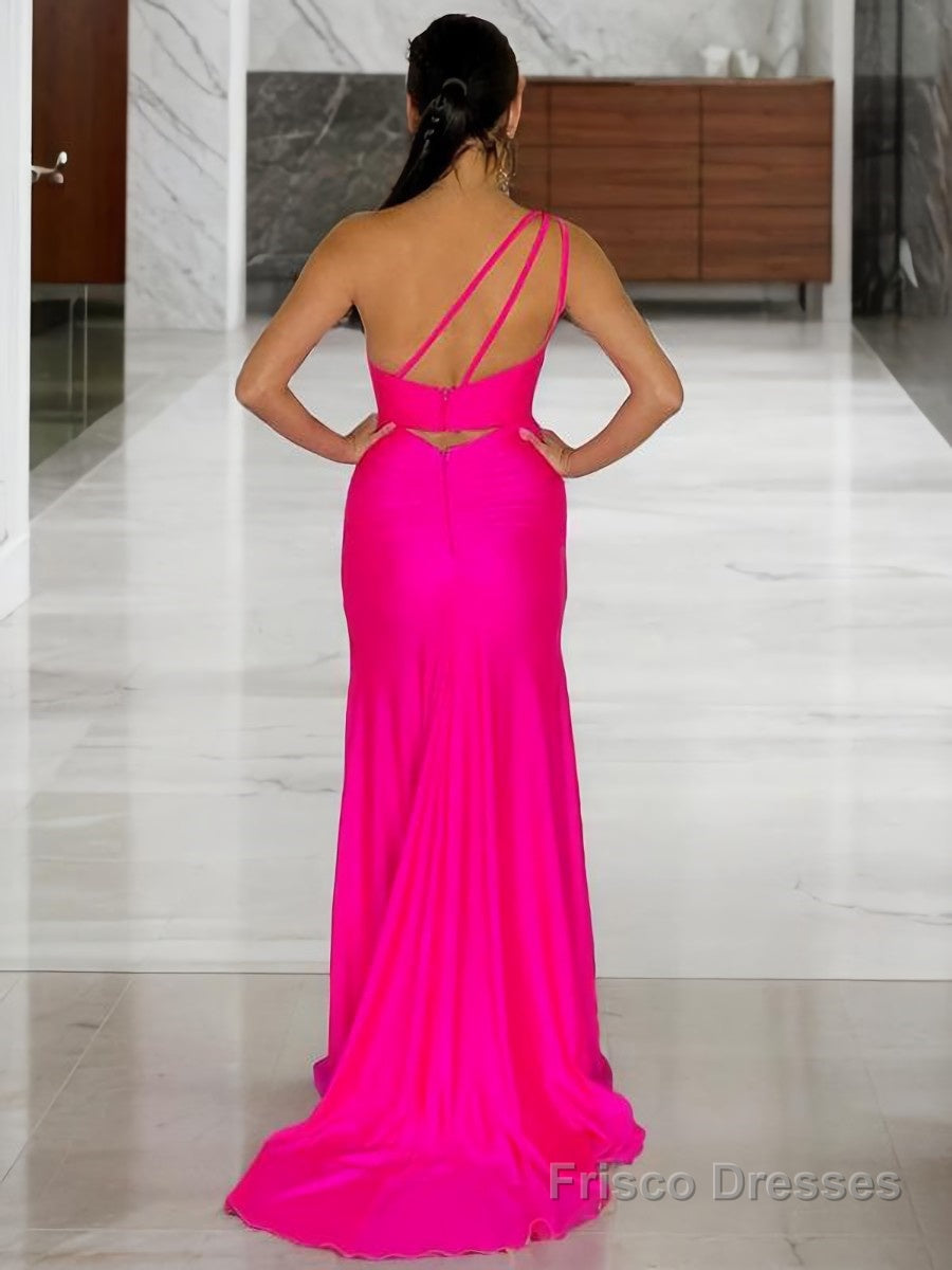 Sheath/Column One-Shoulder Sweep Train Elastic Woven Satin Prom Dresses With Leg Slit Secondary image
