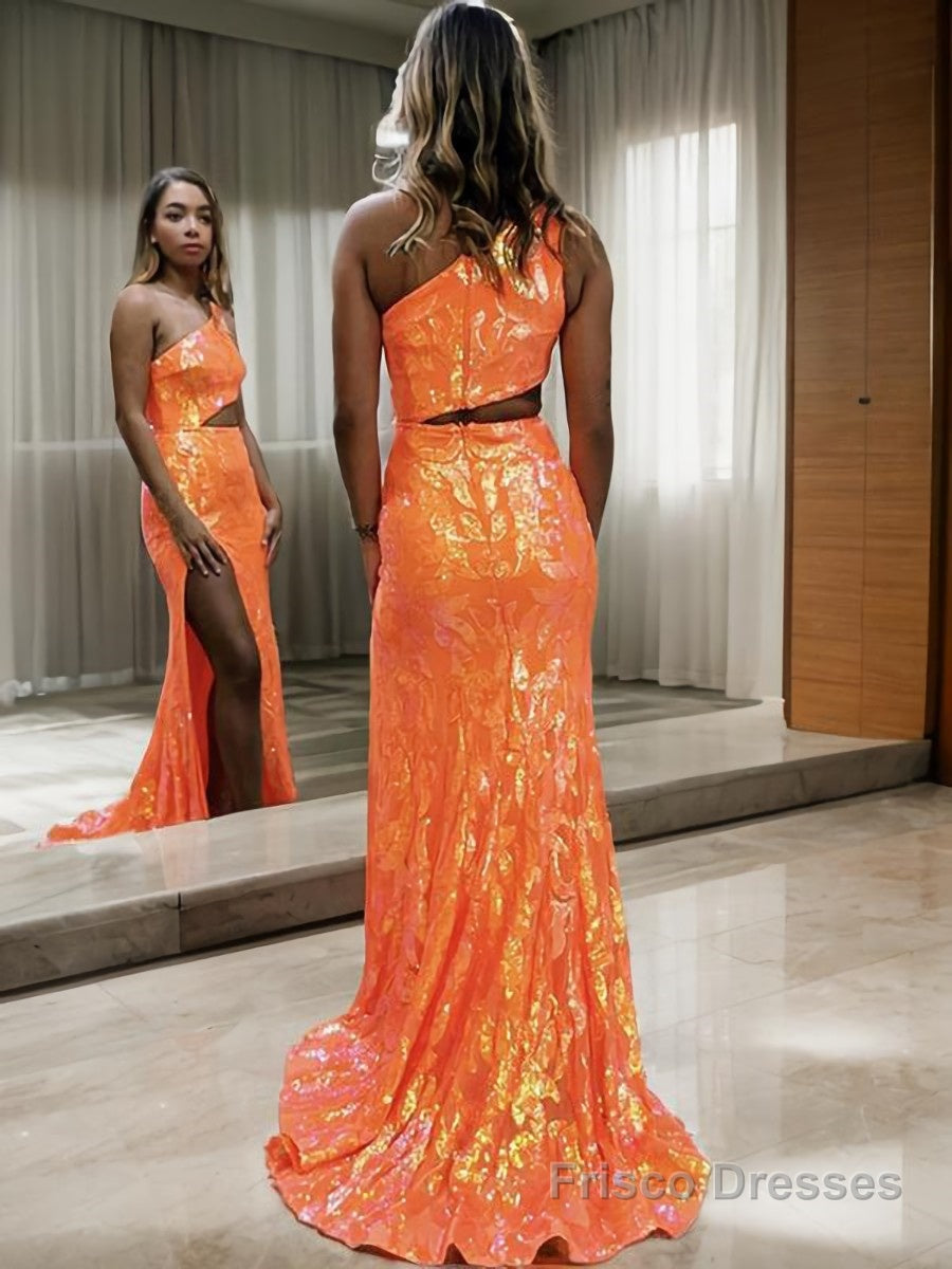 Sheath/Column One-Shoulder Sweep Train Prom Dresses With Leg Slit Secondary image