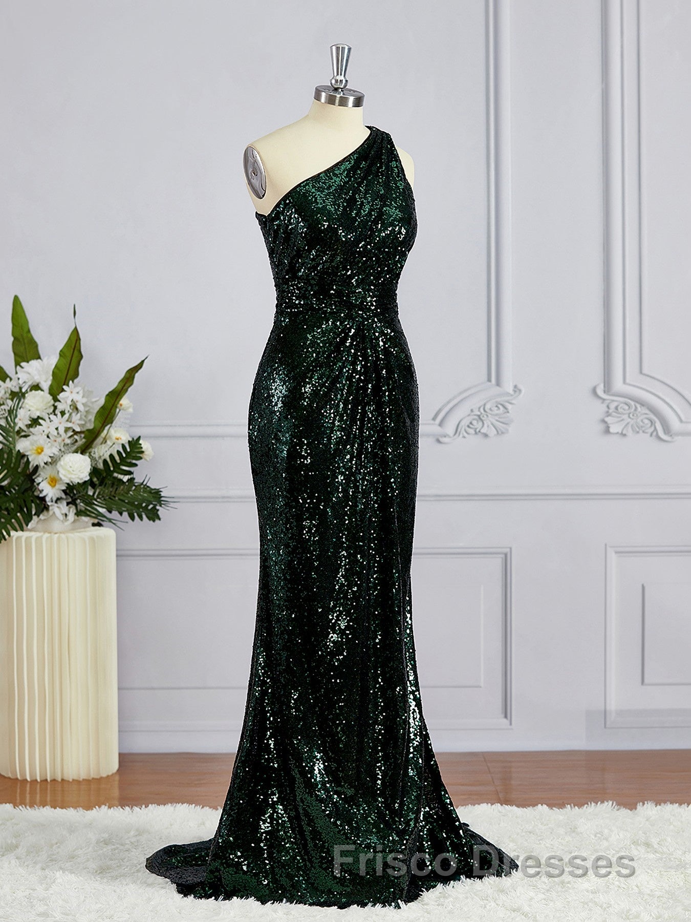 Sheath/Column One-Shoulder Sweep Train Sequins Bridesmaid Dress