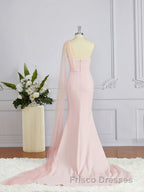 Sheath/Column One-Shoulder Sweep Train Stretch Crepe Bridesmaid Dress