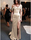 Sheath Column Prom Dresses Minimalist Dress Evening Party Sweep Brush Train Sleeveless Strapless Charmeuse With Pleats Ruched Slit