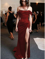 Sheath Column Prom Dresses Minimalist Dress Evening Party Sweep Brush Train Sleeveless Strapless Charmeuse With Pleats Ruched Slit