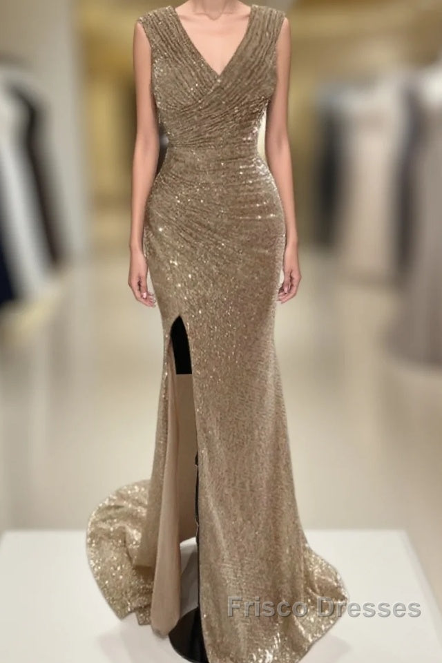 Sheath / Column Formal Prom Dress Sparkle & Shine Dress Cocktail Party Sweep / Brush Train Sleeveless V Neck Sequined With Glitter Ruched Slit Main image