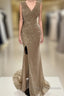 Sheath / Column Formal Prom Dress Sparkle & Shine Dress Cocktail Party Sweep / Brush Train Sleeveless V Neck Sequined With Glitter Ruched Slit