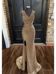 Sheath / Column Prom Dresses Sparkle & Shine Dress Cocktail Party Sweep / Brush Train Sleeveless V Neck Sequined With Glitter Ruched Slit