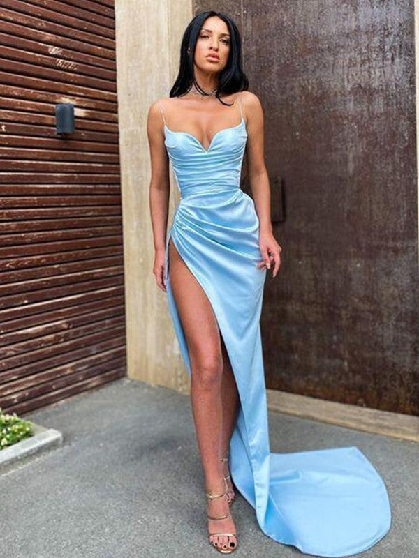 Sheath/Column Satin Spaghetti Straps Sleeveless Ruched Sweep/Brush Train Prom Dresses Main image