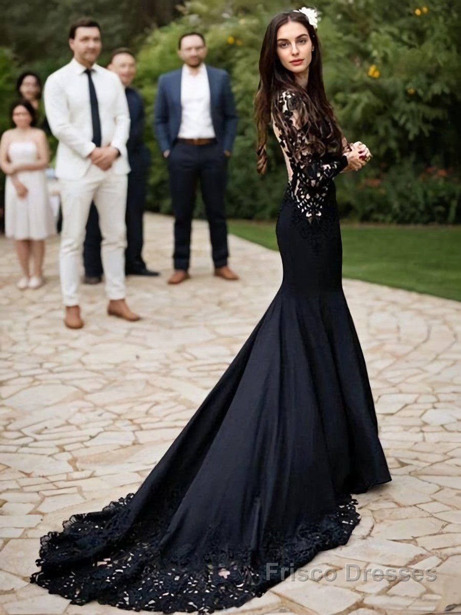 Sheath/Column Scoop Sweep Train Stretch Crepe Prom Dresses With Appliques Lace Main image