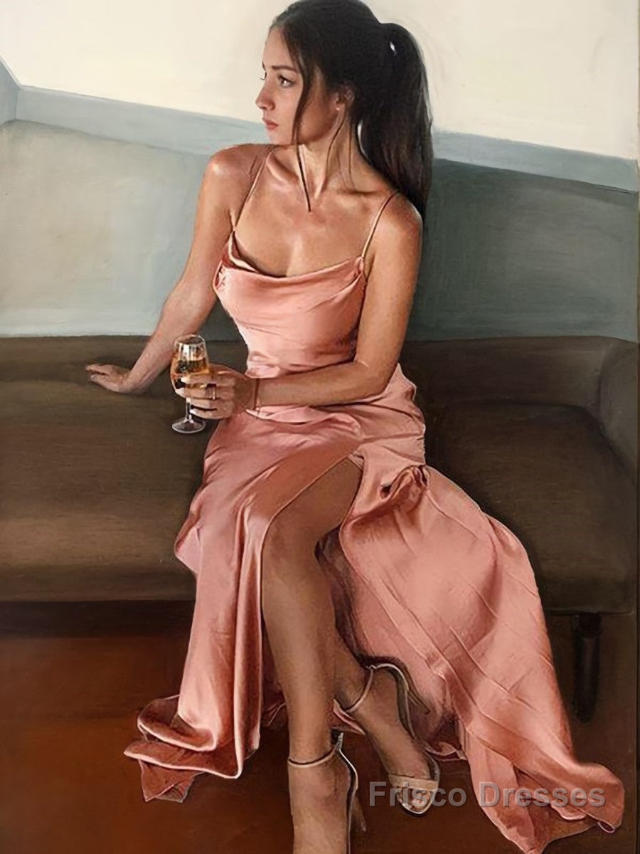 Sheath/Column Spaghetti Straps Floor-Length Silk like Satin Evening Dresses With Leg Slit Main image