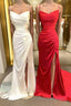 Sheath/Column Spaghetti Straps Sweep Train Elastic Woven Satin Formal Prom Dress With Leg Slit