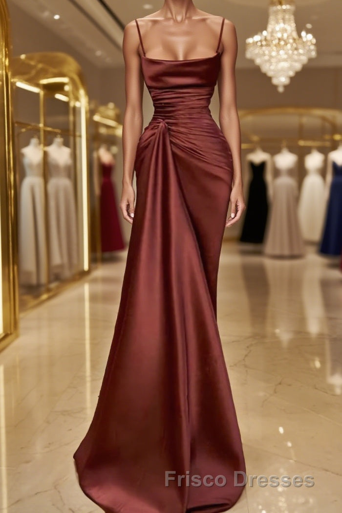 Sheath/Column Spaghetti Straps Floor-Length Elastic Woven Satin Formal Prom Dress With Ruffles