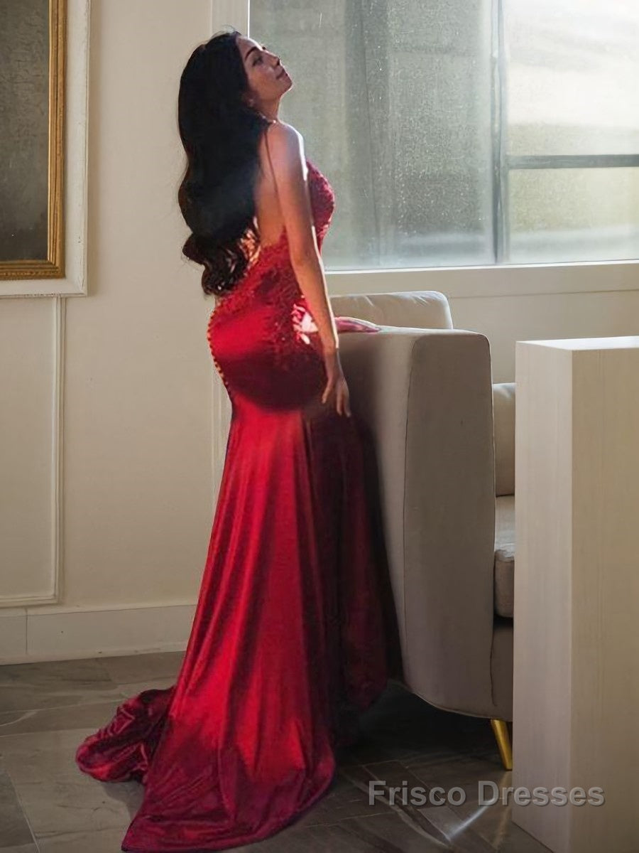 Sheath/Column Spaghetti Straps Sweep Train Silk like Satin Evening Dresses With Appliques Lace Secondary image