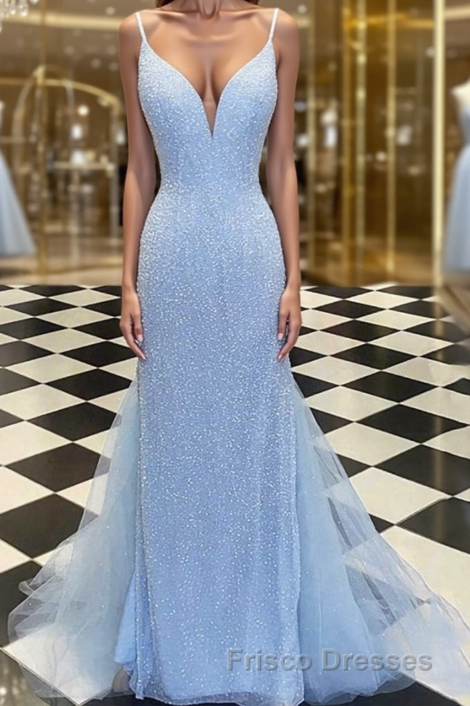 Sheath/Column Spaghetti Straps Sweep Train Tulle Evening Dress With Sequin Main image