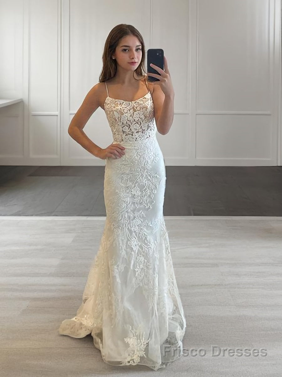 Sheath/Column Spaghetti Straps Sweep Train Tulle Prom Dresses With Appliques Lace Main image