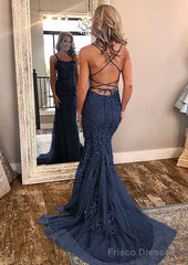 Sheath/Column Square Neckline Sleeveless Court Train Lace Prom Dresses With Appliqued