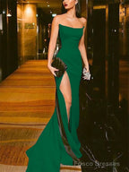 Sheath/Column Strapless Court Train Elastic Woven Satin Prom Dresses With Leg Slit