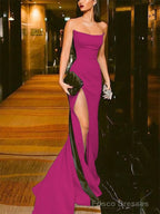 Sheath/Column Strapless Court Train Elastic Woven Satin Prom Dresses With Leg Slit