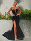 Sheath/Column Strapless Sweep Train Silk like Satin Prom Dresses With Leg Slit
