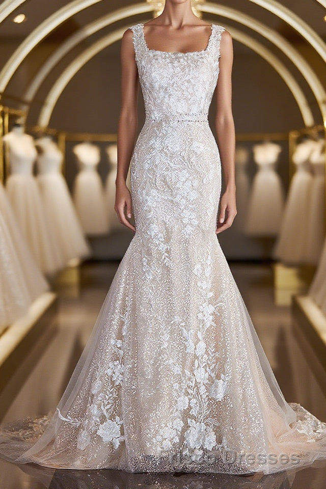 Sheath/Column Straps Sweep Train Lace Wedding Dress with Appliques Lace Main image