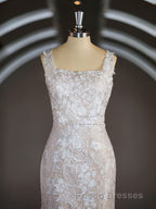 Sheath/Column Straps Sweep Train Lace Wedding Dress with Appliques Lace