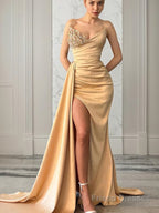 Sheath/Column Sweetheart Court Train Elastic Woven Satin Prom Dresses With Leg Slit
