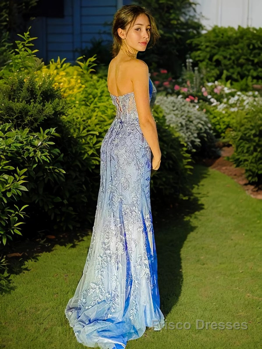 Sheath/Column Sweetheart Sweep Train Tulle Prom Dresses With Appliques Lace Main image