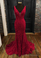 Sheath/Column Trumpet/Mermaid V Neck Sleeveless Velvet Sequins Sweep Train Prom Dresses