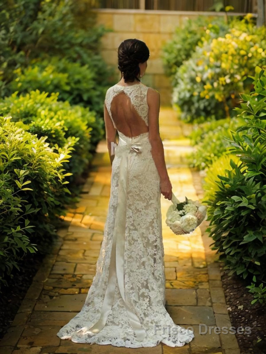 Sheath/Column V-neck Court Train Lace Wedding Dresses With Belt/Sash Main image