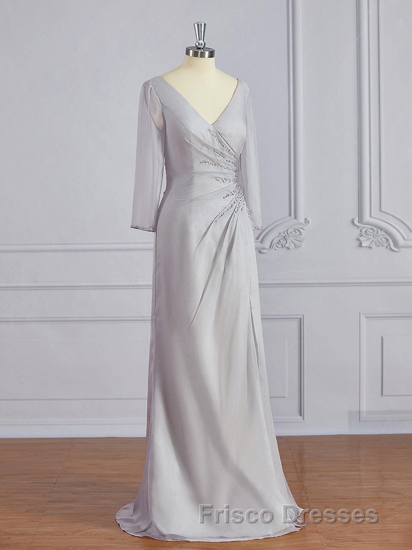 Sheath/Column V-neck Floor-Length 30D Chiffon Mother of the Bride Dress With Beading