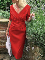 Sheath/Column V-neck Knee-Length Satin Mother of the Bride Dresses With Ruffles