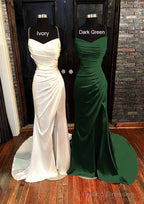 Sheath/Column V Neck Spaghetti Straps Sweep Train Satin Prom Dresses With Pleated Split