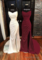 Sheath/Column V Neck Spaghetti Straps Sweep Train Satin Prom Dresses With Pleated Split