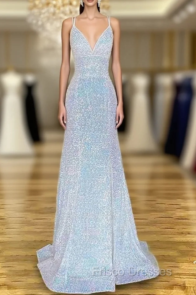 Sheath/Column V Neck Spaghetti Straps Sweep Train Sequined Formal Prom Dress With Pleated Main image