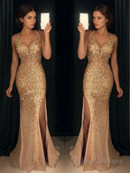 Sheath/Column V-neck Sweep Train Jersey Evening Dresses With Leg Slit