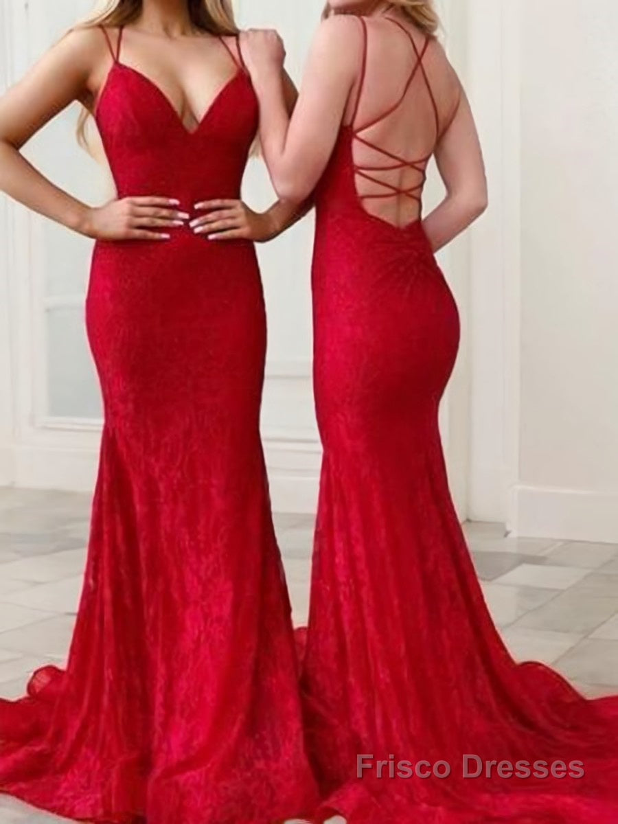 Sheath/Column V-neck Sweep Train Lace Prom Dresses Main image