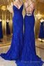 Sheath/Column V-neck Sweep Train Lace Formal Prom Dress