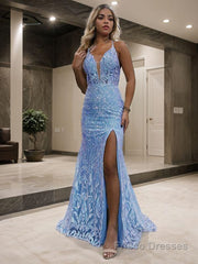 Sheath/Column V-neck Sweep Train Prom Dresses With Leg Slit