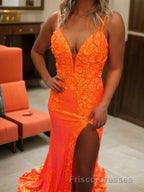 Sheath/Column V-neck Sweep Train Sequins Formal Prom Dress With Leg Slit