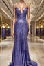 Sheath/Column V-neck Sweep Train Sequins Formal Prom Dress With Leg Slit
