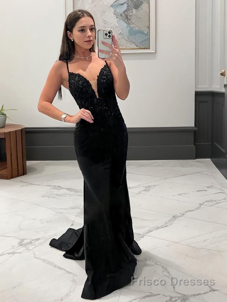 Sheath/Column V-neck Sweep Train Stretch Crepe Prom Dresses With Appliques Lace Main image