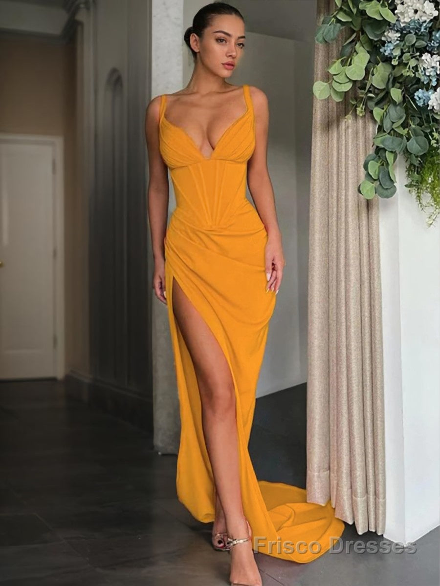 Sheath/Column V-neck Sweep Train Stretch Crepe Prom Dresses With Leg Slit Main image