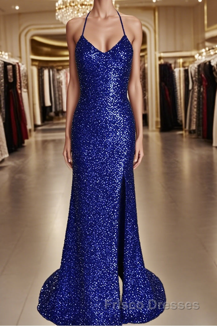 Sheath/Column V-neck Sweep Train Velvet Sequins Formal Prom Dress With Leg Slit Main image