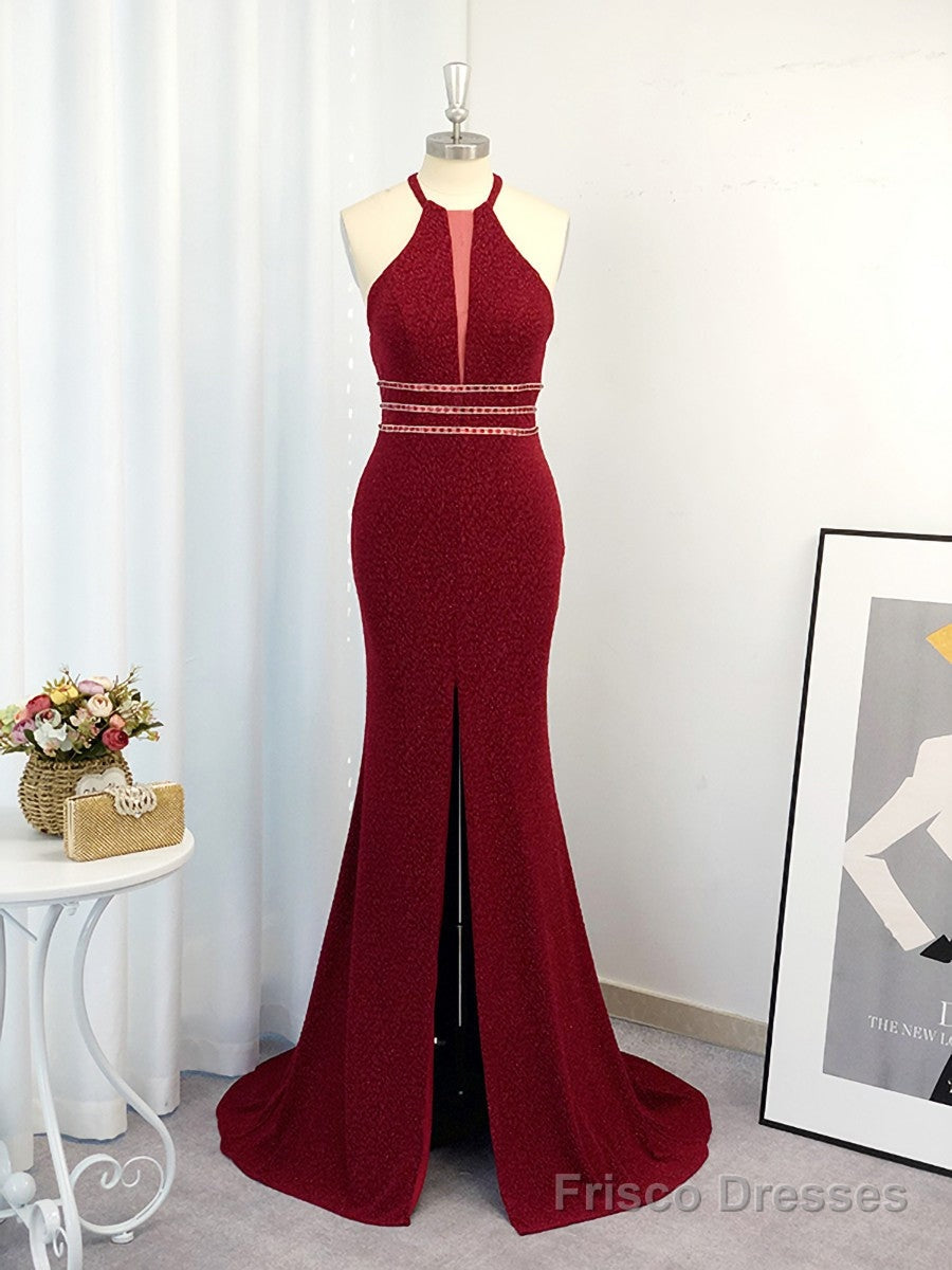 Sheath Halter Beading Sweep Train Dress