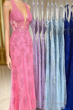 Sheath Halter Lace Tulle Formal Prom Dress with Appliques