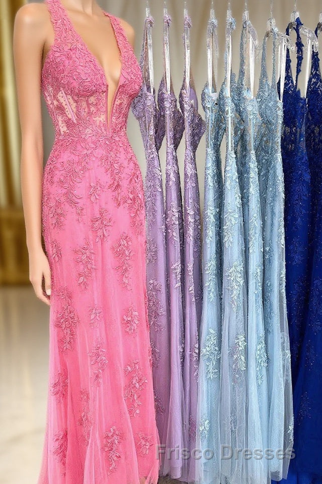 Sheath Halter Lace Tulle Formal Prom Dress with Appliques