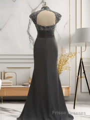 Sheath High Neck Short Sleeves Ruffles Sweep Train Chiffon Mother of the Bride Dress