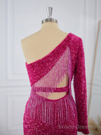 Sheath Long Sleeves Velvet Sequins One-Shoulder Short/Mini Dress